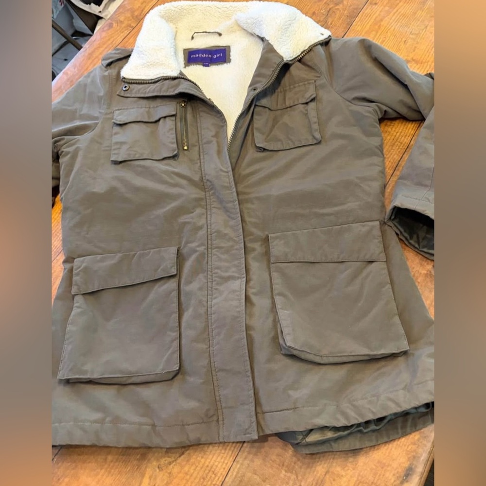 Madden Girl Utility Jacket in Olive with‎ Sherpa Collar